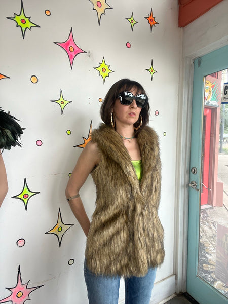 Y2K Vegan Fur Boho Vest Glam Grunge Statement Festival Layering Piece - Size M