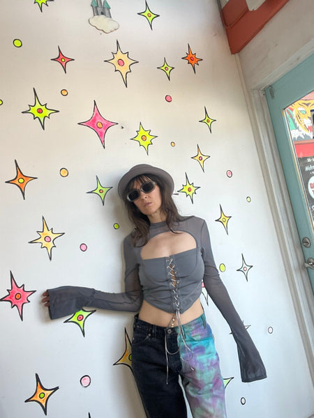 Grey Corset Top Sheer Bell Sleeves – Y2K Rave Medieval Fairy Grunge Castlecore M