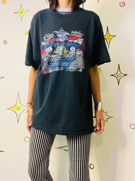 Vintage 90s Budweiser Grunge Novelty Graphic T-Shirt Black Retro Beer Tee | L