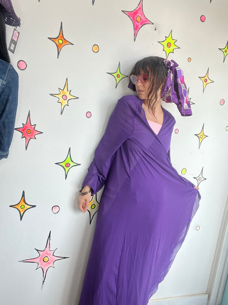 Vintage Purple Chiffon Kimono Robe Vamp Goth Boudoir Lingerie Layering Robe XL+