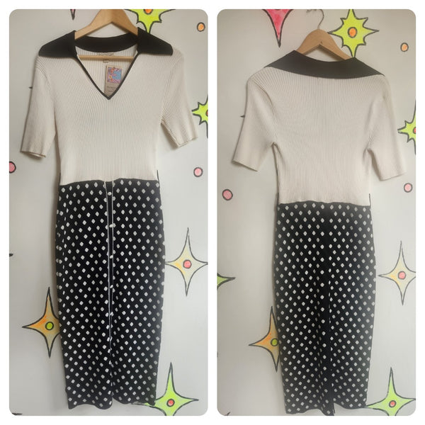 Retro 90s Black & White Polka Dot Dagger Collar Midi Dress 60s 70s Mod Knit M