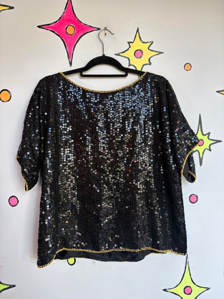 Vintage 80s Black Gold Sequin Party Blouse Maximalist Holiday Glam Disco Top