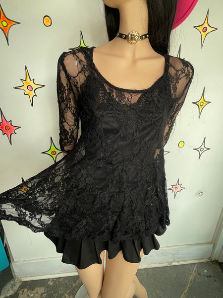 Y2K Black Lace Sheer Top | Whimsy Goth Y2K Babydoll Fairy Grunge Romantic S/M