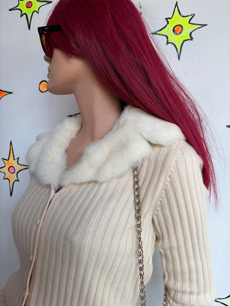Vintage 90s Ann Taylor Off-White Cashmere Fur Trim Cardigan Coquette Glam S
