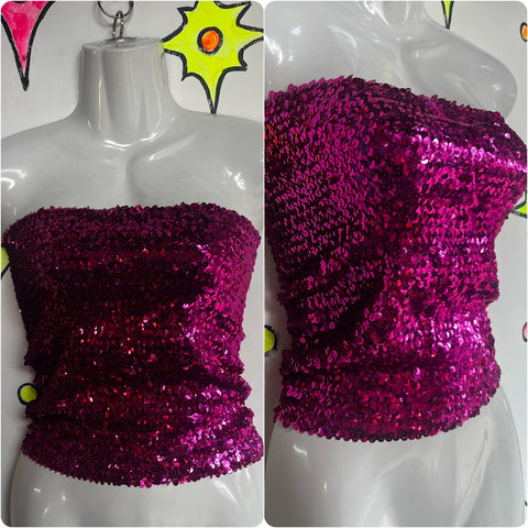 Vintage | Pink Disco Y2K 80s Party Sequin Stretchy Tube Top | One Size