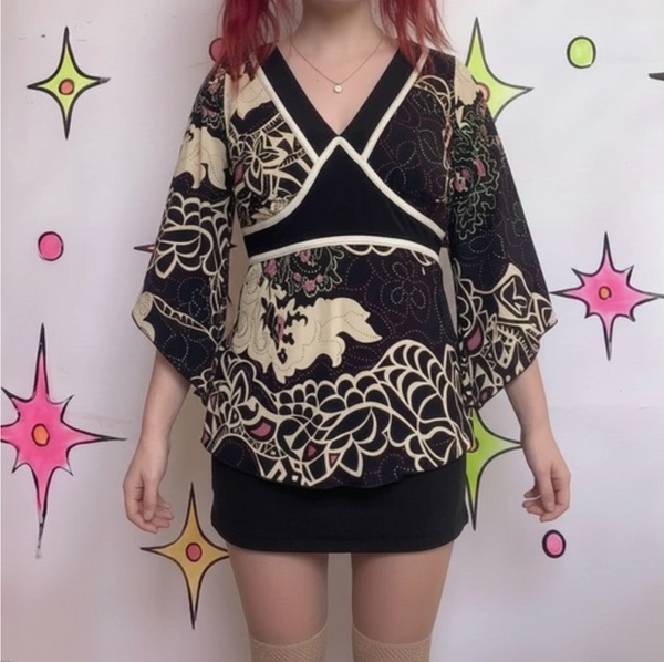 Y2K Studio Tattoo Print Bell Sleeve Stretchy Top Fairy Grunge Whimsy Goth M