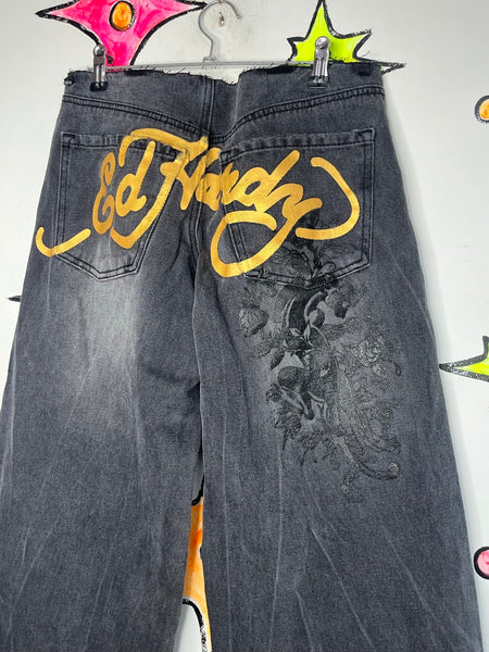Ed Hardy Low Rise Wide Leg Jeans Tattoo Print Embellished Distressed Denim S
