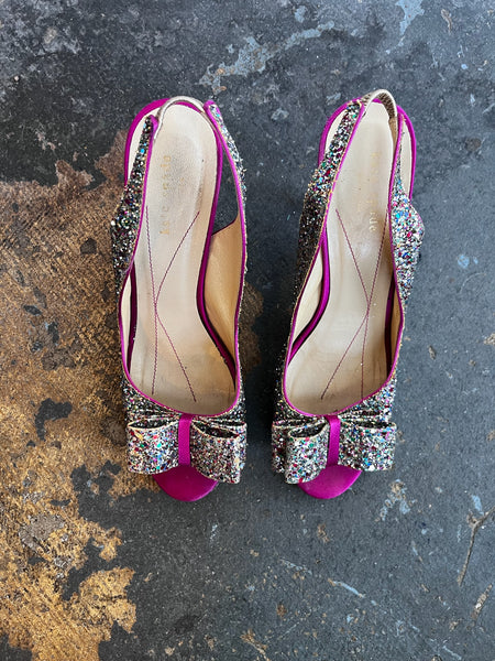 Kate Spade Glitter Peep Toe Heels – Coquette Y2K Sparkly Silver Glam Pumps – 9