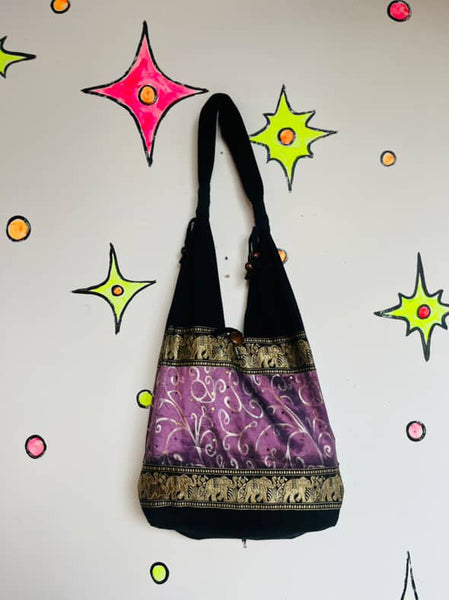 Vintage Beaded Black Gold & Purple Boho Fairy Grunge Tote Bag - Elephant Print