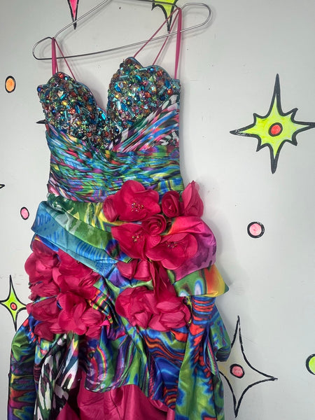 Y2K Bejeweled Peacock Prom Dress Maximalist Rainbow Hi-Low Glam Gown S