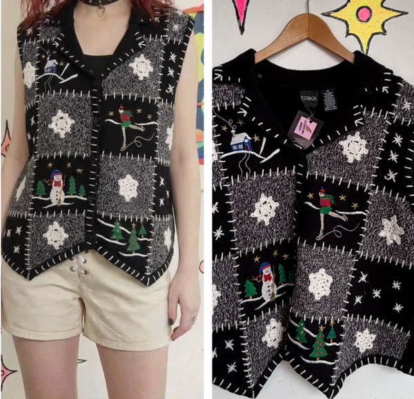 Vintage 80s 90s Embellished Ugly Christmas Knit Sweater X Mas Party Vest M