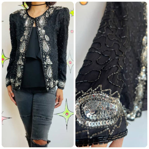 Vintage 80s Black & Silver Sequin Beaded Pirate Glam Rock Party Jacket Size S
