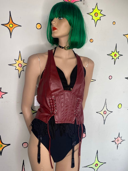 Red Vegan Leather Corset Top Lace Up Siren Y2K Indie Sleaze Western Mall Goth SM