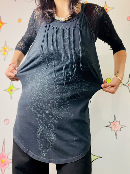 Y2K Harley-Davidson Black Fringe Tank Top – Western Biker Grunge Babe - L