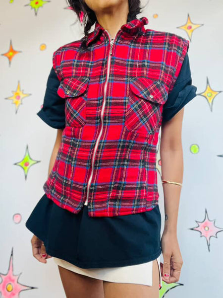 Vintage 90s Y2K Red Plaid Zip Up Flannel Utility Vest | Grunge Layering Top S