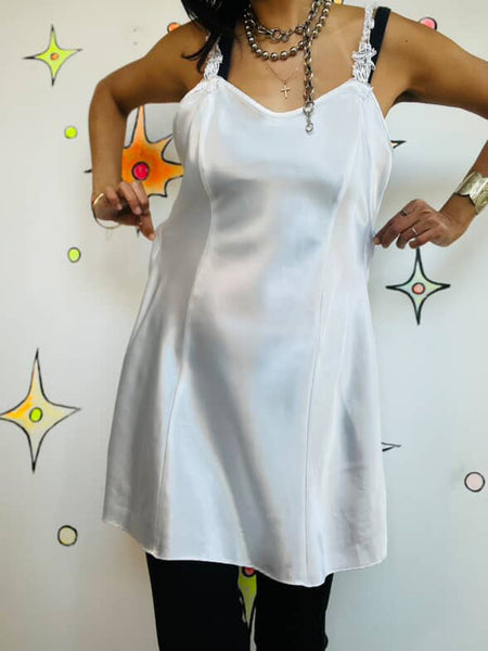 Vintage 90s Y2K White Satin Lace Fairy Grunge Beaded Mini Slip Dress | Size M