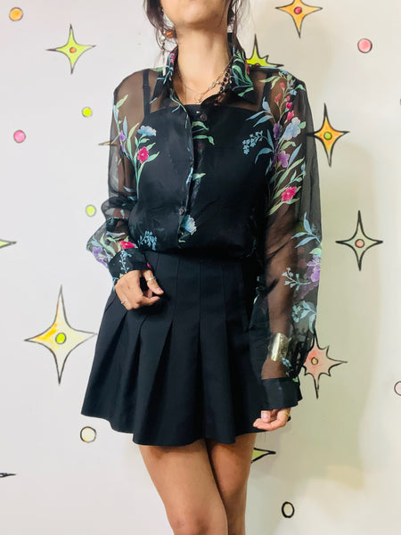 Vintage 90s Sheer Black Floral Long Sleeve Blouse | Whimsy Goth Fairy Grunge | M