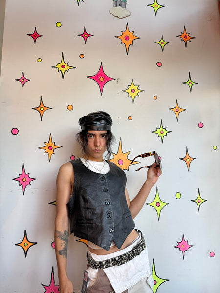 Vintage Black Leather Vest Western Biker Rocker Moto Grunge Vest S/M