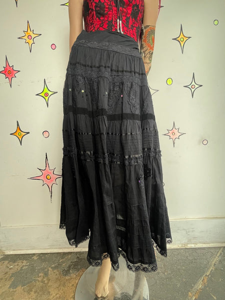 Lace & Beaded Black Cotton Maxi Skirt Whimsigoth Fairy Grunge Witchy Western M
