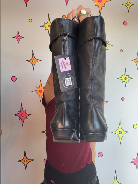 80s Black Slouch Boots Leather Riding Boots Dark Academia Romantic Goth 8