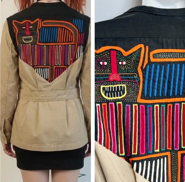 Vintage | Rainbow Abstract Art Embroidered Embellished Cat Jacket | S