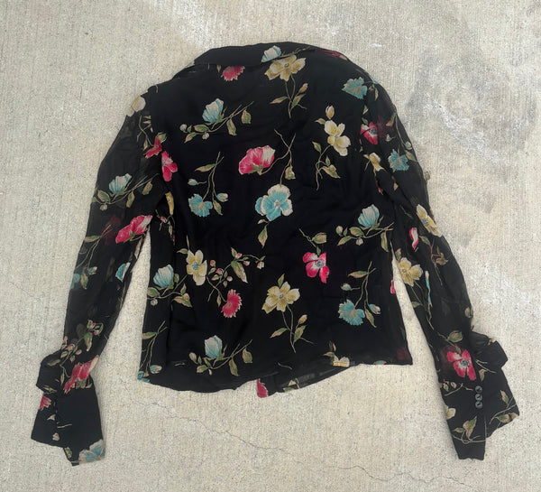 Vintage 90s Express Black Silk Floral Button Up Whimsigoth Dark Romantic M