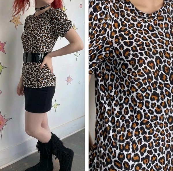 Y2K Leopard Puff Sleeve Tee Grunge Glam Rocker Grunge Top - Small