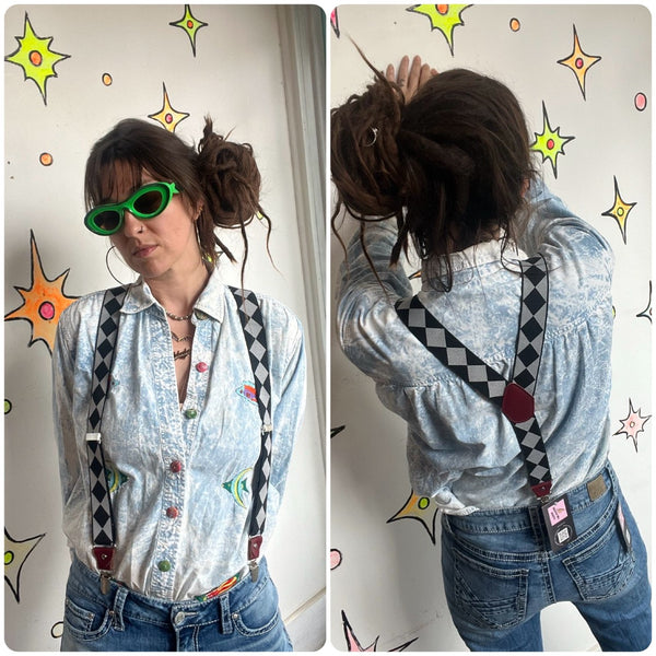 Harlequin Diamond Print Suspenders Circus Clowncore Avant Garde Quirky
