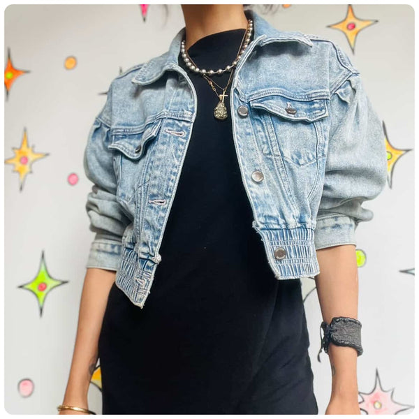 Y2K Cropped Retro 80s Style Acid Wash Denim Jacket | XS