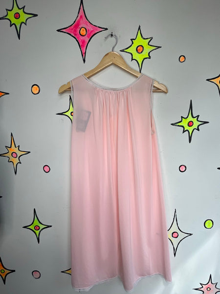 Vintage 50s 60s Pink Lace Nylon Slip Dress | Retro Babydoll Nightgown Lingerie L