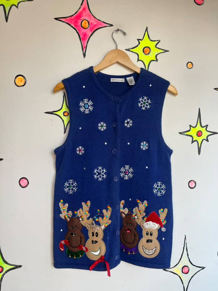 Vintage 90s Embellished Ugly Christmas Sweater Vest Blue Reindeer Snowflake | M