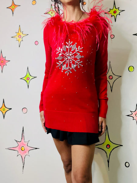 Vintage Y2K Red Ugly Christmas Sweater Snowflake Embellished Holiday Party - S