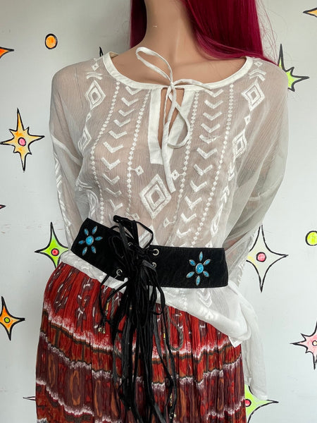White Sheer Western Boho Embroidered Blouse Top Oversized Layering Piece XL