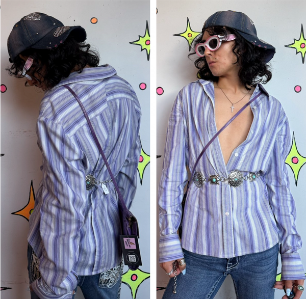 Y2K Purple Pinstripe Shirt Fairy Goth Mall Goth Indie Sleaze Grunge L/XL