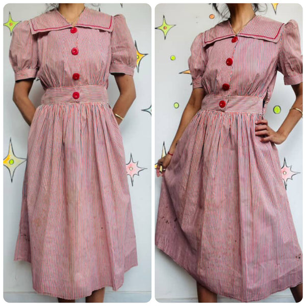 Vintage 1940s Striped Nautical Sailor Costume Dress Handmade Pinup Seaside 6 - 8