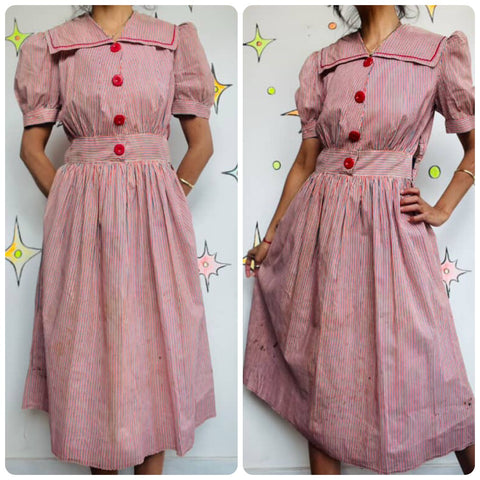 Vintage 1940s Striped Nautical Sailor Costume Dress Handmade Pinup Seaside 6 - 8