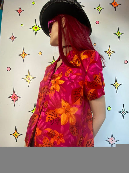 90s Hot Pink Hawaiian Sherbet Print Button Up Blouse Tropical Kitsch Retro L