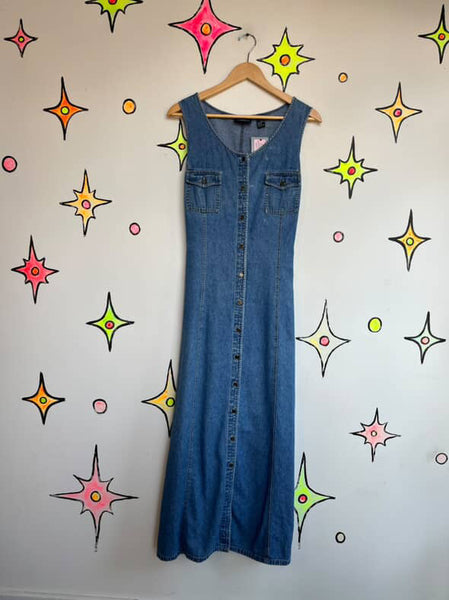 Vintage 90s Denim Button-Up Maxi Dress Liz Claiborne Boho Grunge Sleeveless | XL