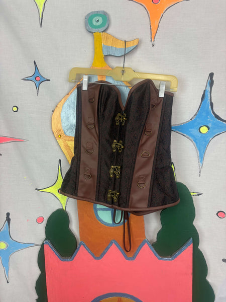 Steampunk Cosplay Brown Paisley Vegan Leather Corset Bustier Top | 3XL