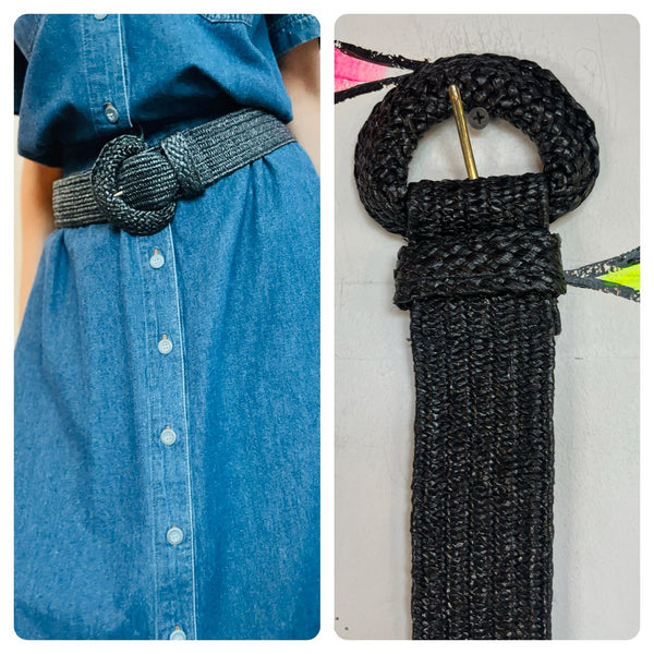 Vintage 1980s Black Woven Raffia Waist Cincher Belt – Whimsy Goth – One Size