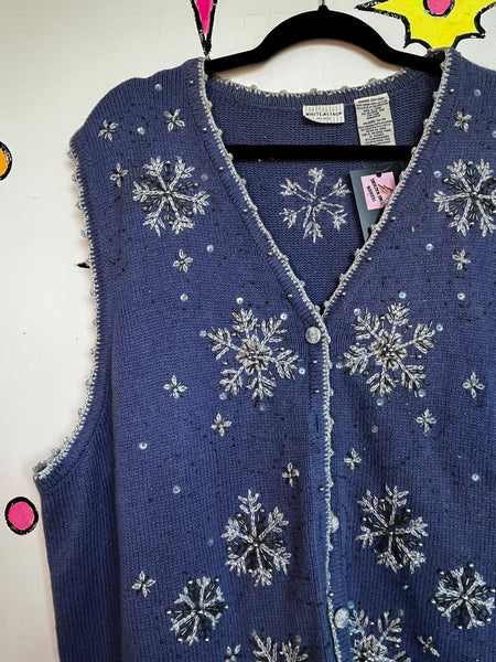 Vintage Christmas Vest Embellished Embroidered Beaded Snowflake Holiday XL