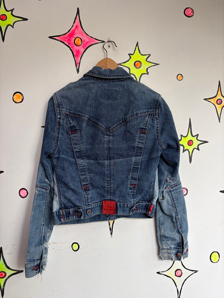 Vintage Y2K Ecko Denim Jacket Lightwash Distressed Embroidered Cyber Grunge M