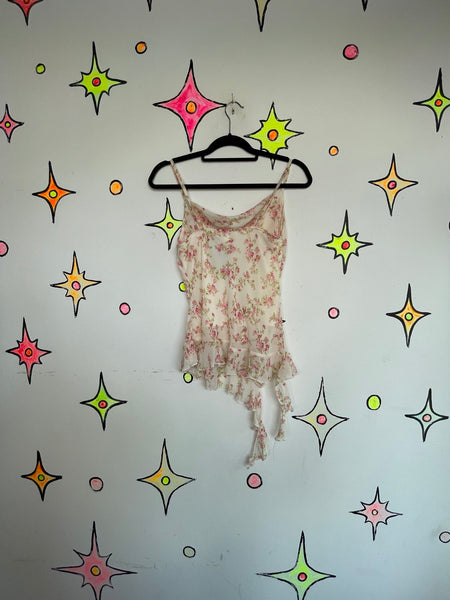 Fairy Grunge Y2K Pastel Pink Floral Handkerchief Hem Ruffle Lace Cami Romantic S