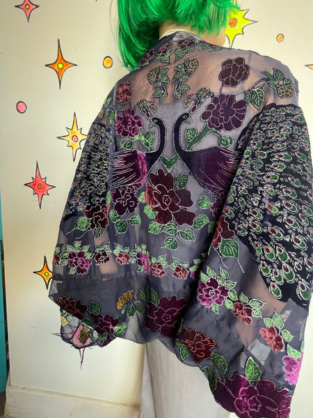 Burnout Velvet Peacock Beaded Shawl Cape Witchy Flapper Whimsy Goth Glam