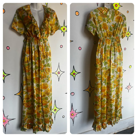 Vintage 60s 70s 3 piece nighty pjs yellow granny core floral ruffle wrap dress