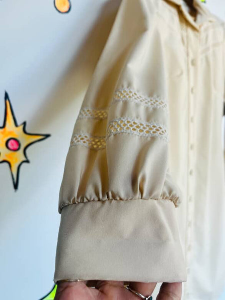 Vintage 70s Off-White Western Boho Dress | Dagger Collar | Cut-Outs | Size M