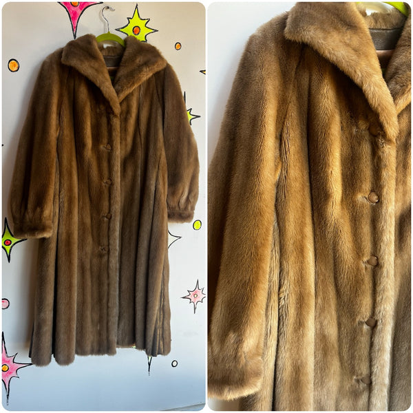 Vintage 60s 70s | Brown Faux Fur Coat Glam Pinup Long Mob Wife Coat