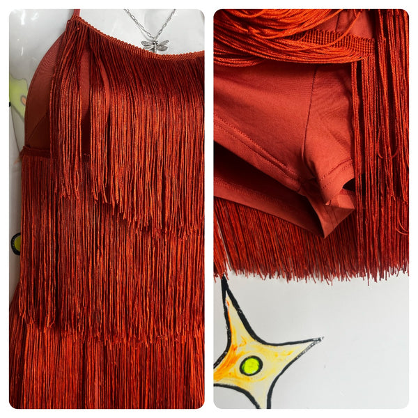Vintage | Orange Fringe 60s GoGo Girl or 20s Flapper Mini Romper Playsuit | M