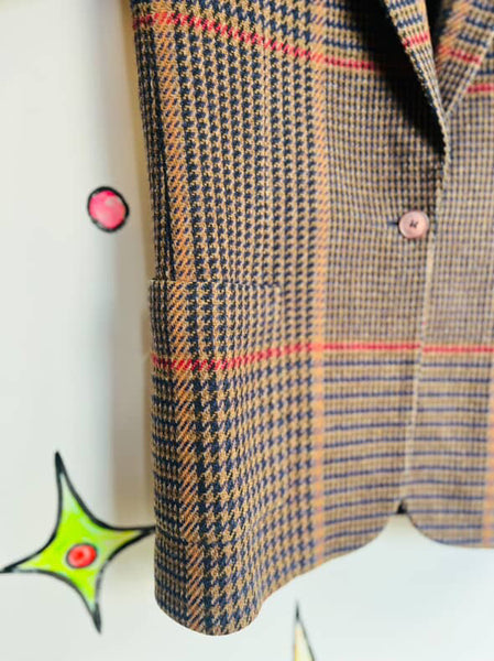 Vintage 80s Brown Houndstooth Blazer Jones New York Wool Look Classic Jacket - 6