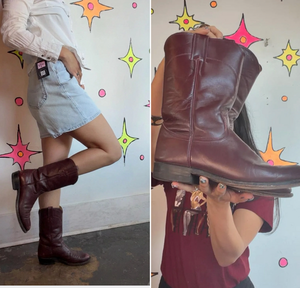 Vintage Justin Burgundy Leather Cowboy Boots Western Roper Cowgirl Boots 7.5A